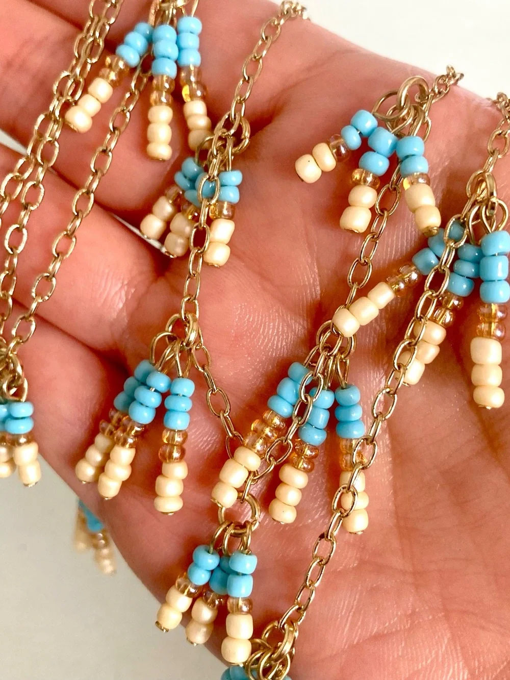 Jessica Simpson Gold-Tone preloved Necklace Turquoise Cream tone Bead Tassels